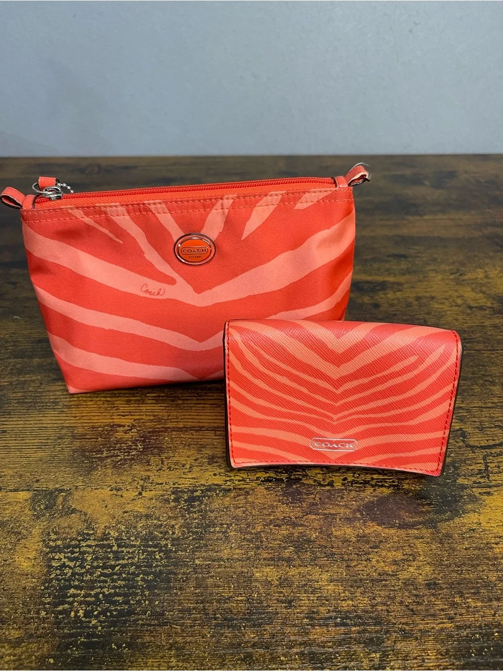COACH Nylon Travel Bag And Wallet Zebra Print Orange Coral Lot